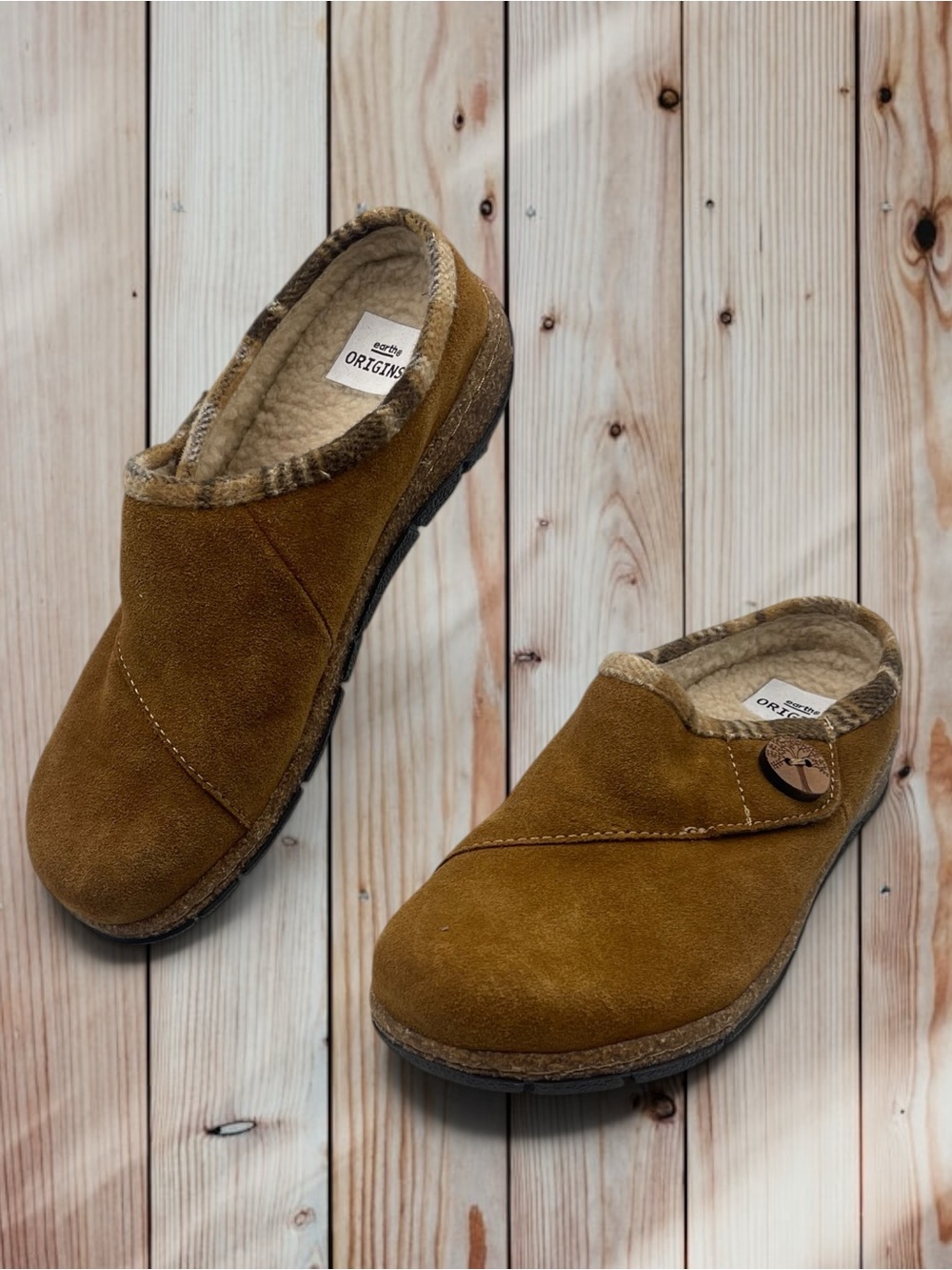 Earth Origins Essential Ezra Suede Clog Mules Cinnamon Brown Plaid Trim Size 6.5